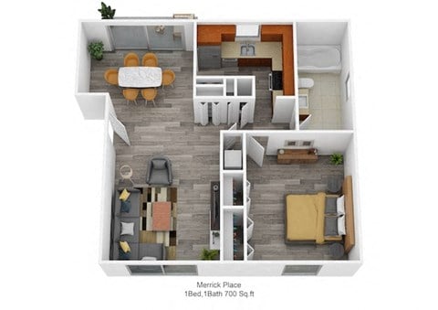 Floor plan for 1 bed, 1 bath, 700 sqft